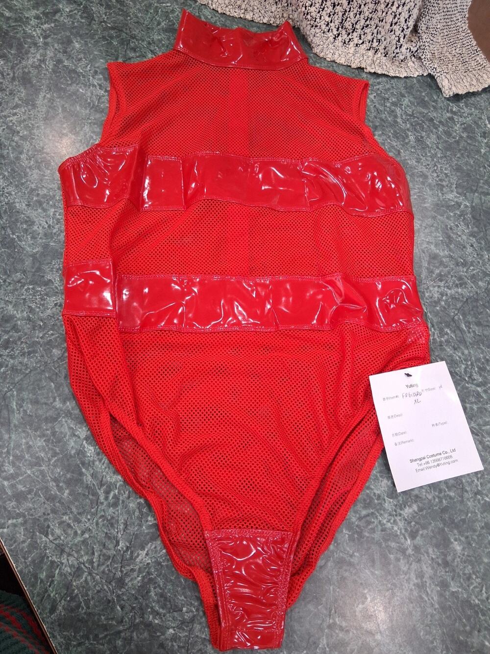 Dreamgirl Red Patent Faux Leather Teddy Mock Neck Bodysuit Mesh Panel Size 1X